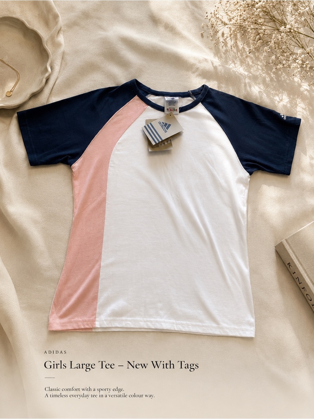 adidas Girls' Raglan Tee in White, Navy & Pink